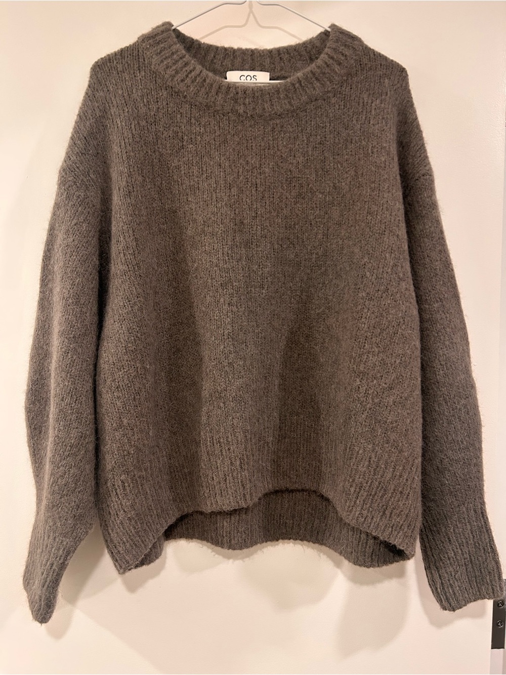 COS Wool Mohair Blend Cocoon Silhouette Crewneck Sweater in Warm Gray and Brown